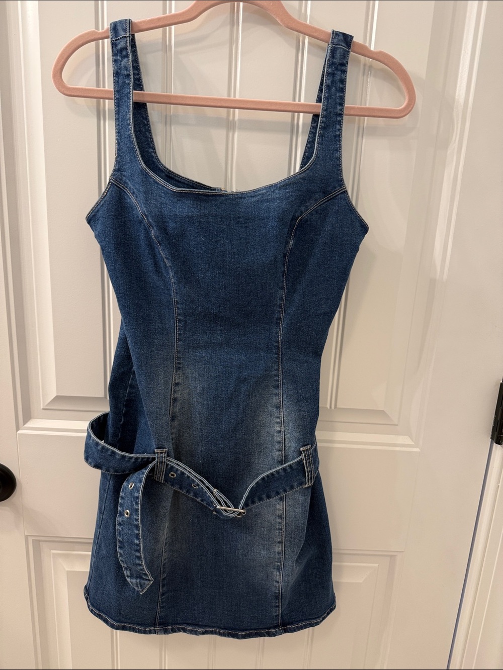 Denim Mini Dress with Detachable Belt - Medium Wash Blue